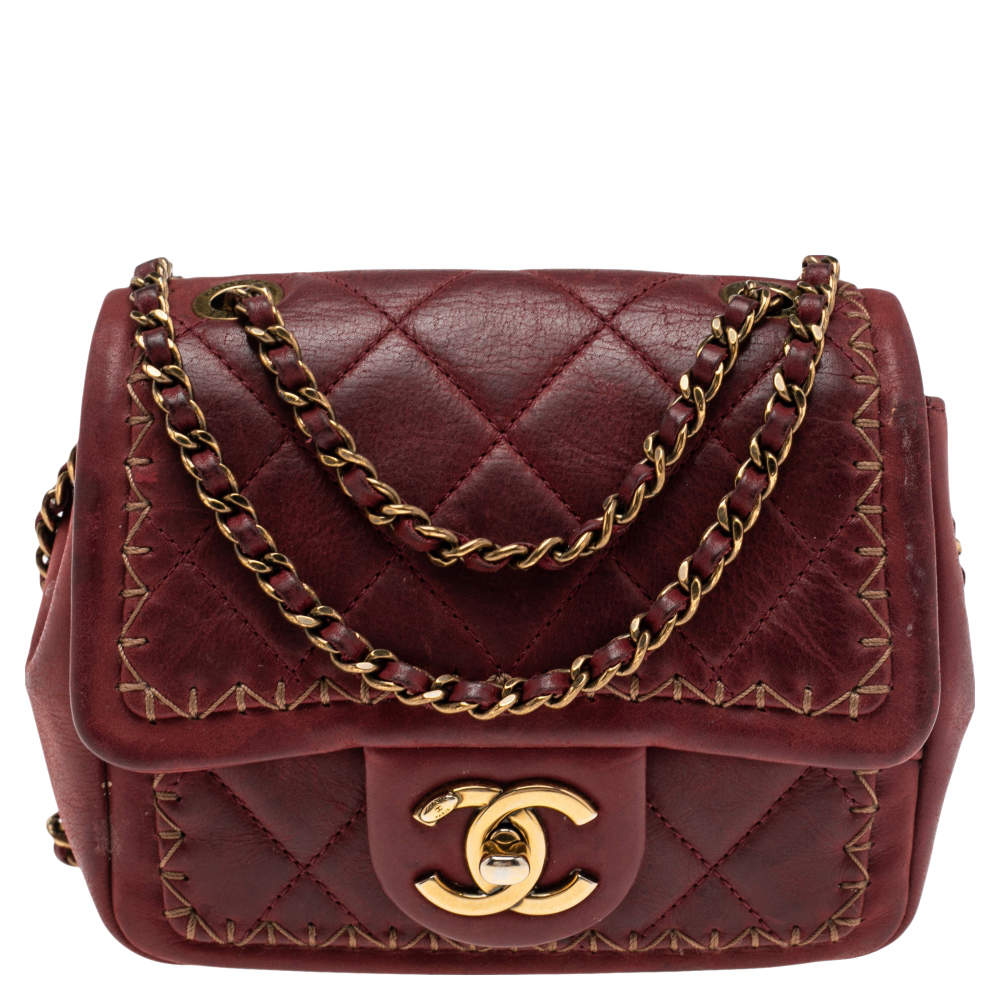 Red Quilted Leather Whipstitch Square Flap Bag