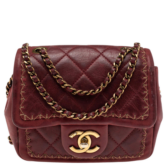 Red Quilted Leather Whipstitch Square Flap Bag